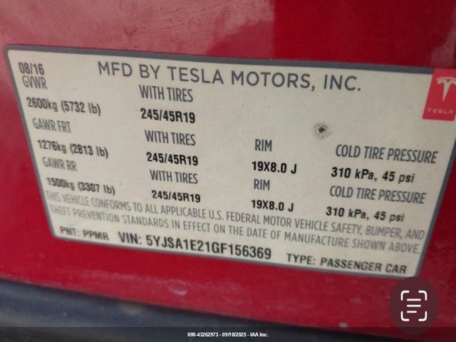 43262973 :رقم المزاد ، 5YJSA1E21GF156369 vin ، 2016 Tesla Model S مزاد بيع