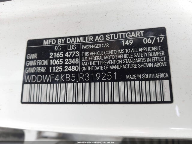 WDDWF4KB5JR319251 Mercedes-Benz m274