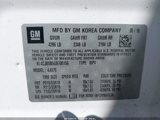 Продажа на аукционе авто 2016 Buick Encore Convenience, vin: KL4CJBSB5GB700156, номер лота: 43263114