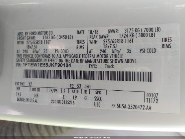 Ford 5.0l 4v 2018 1FTEW1E55JKF90104 Image 9