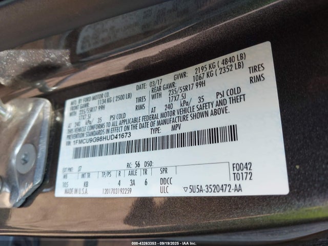 Ford 2017 2017 1FMCU9G98HUD41673 Image 9