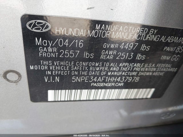 5NPE34AF1HH437978 Hyundai 2017