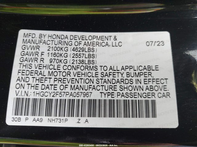 1HGCY2F57PA057967 Honda Accord Hybrid Sport