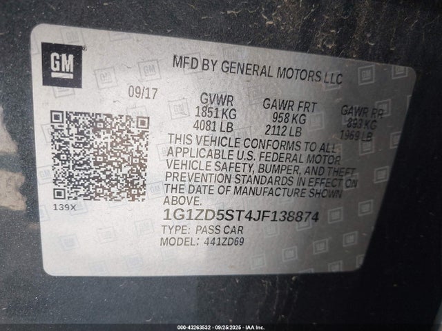 1G1ZD5ST4JF138874 Chevrolet lfv - direct injection, variable valve timing, gen 1