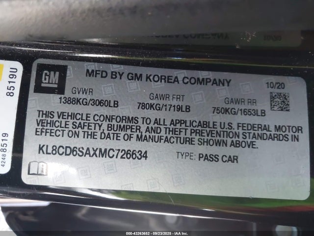 KL8CD6SAXMC726634 Chevrolet lv7 - mfi, variable valve timing, alum, gen 1 var 1