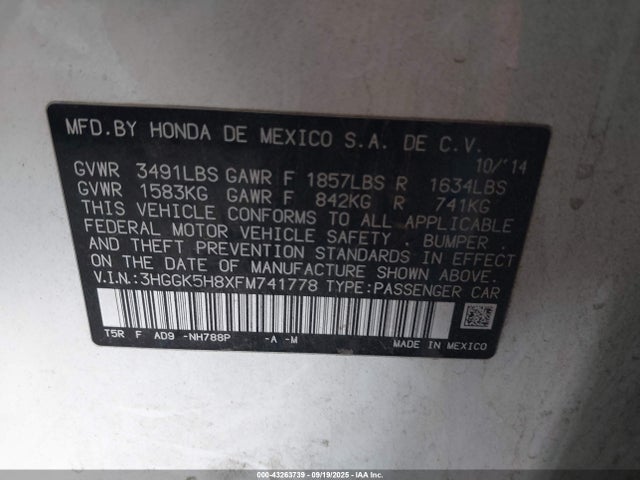 3HGGK5H8XFM741778 Honda l15b1