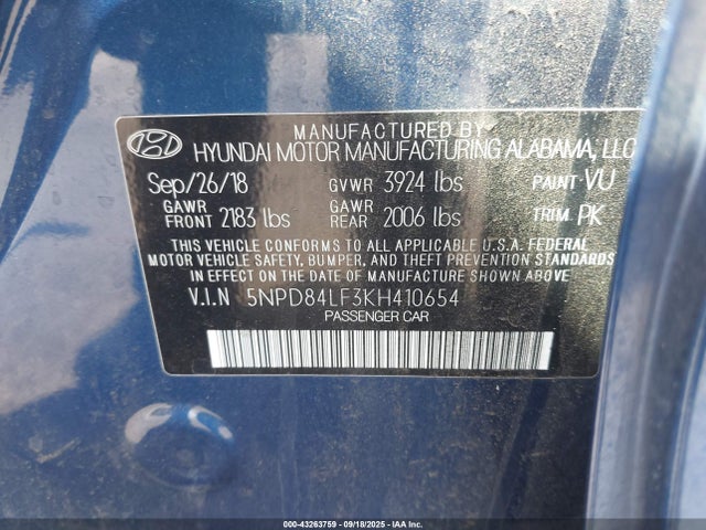 Aukcja sprzedaży 2019 Hyundai Elantra Sel, vin: 5NPD84LF3KH410654, numer aukcji: 43263759