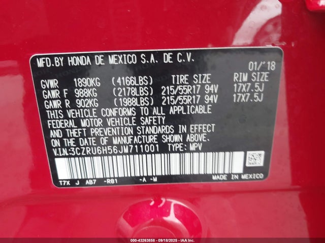 3CZRU6H56JM711001 Honda r18z9