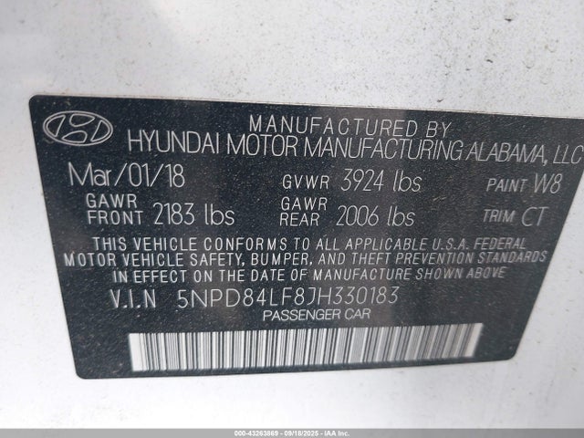5NPD84LF8JH330183 Hyundai mpi nu