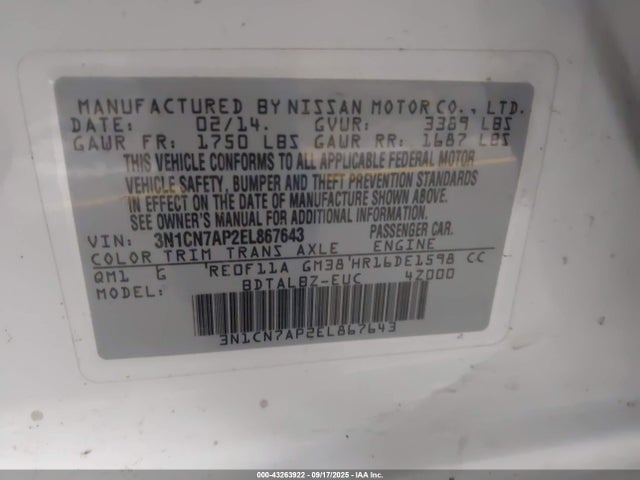 Продаж на аукціоні авто 2014 Nissan Versa 1.6 Sv, vin: 3N1CN7AP2EL867643, номер лоту: 43263922
