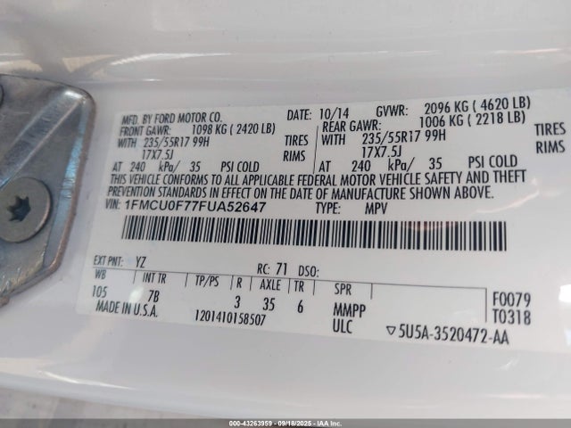 1FMCU0F77FUA52647 Ford 2015