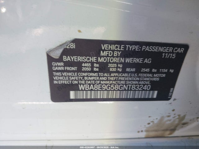 WBA8E9G58GNT83240 BMW 328I