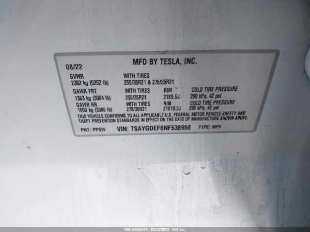 2022 TESLA MODEL Y 7SAYGDEF6NF538958 Photo 8