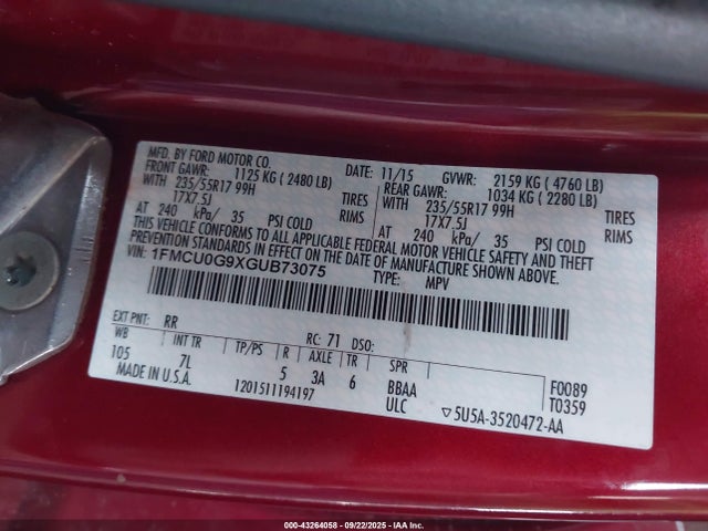 1FMCU0G9XGUB73075 Ford Escape