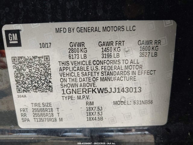 1GNERFKW5JJ143013 Chevrolet lfy - spark ignited direct injection, atss, gen 1