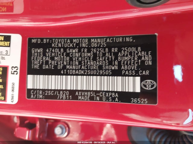 4T1DBADK2SU029505 Toyota a25a-fxs
