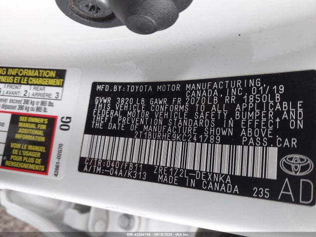 Toyota 2zr-fe 2019 2T1BURHE9KC241789 Image 9