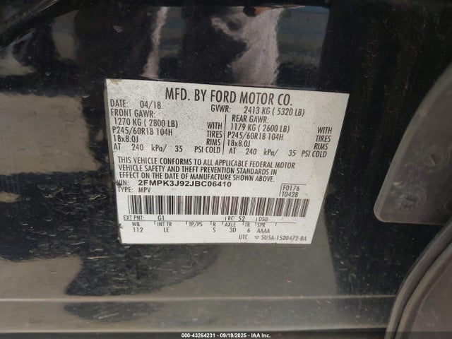2FMPK3J92JBC06410 Ford 2.0l gtdi w/premium fuel