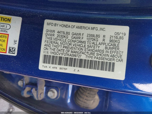 1HGCV1F37KA099727 Honda l15be