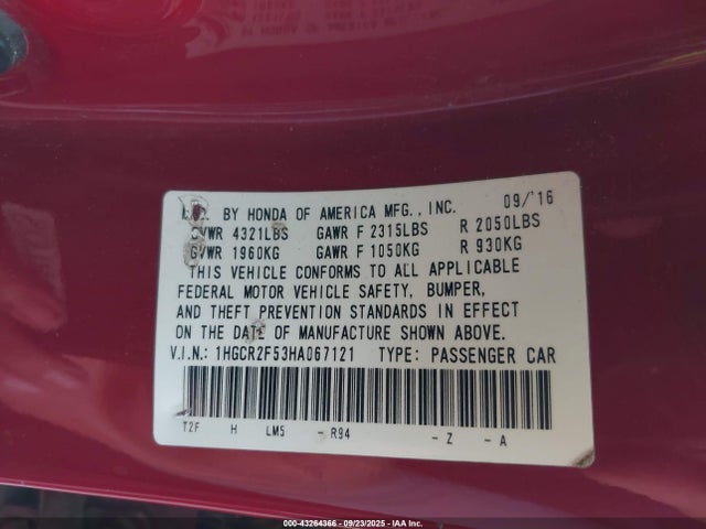 Honda k24w1 2017 1HGCR2F53HA067121 Image 9