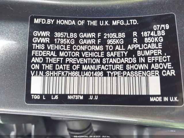 Honda l15ba 2020 SHHFK7H66LU401496 Image 9