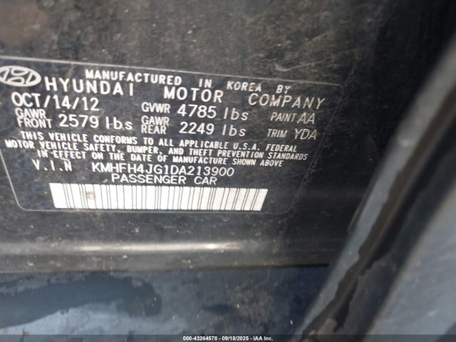 Aukcja sprzedaży 2013 Hyundai Azera, vin: KMHFH4JG1DA213900, numer aukcji: 43264578