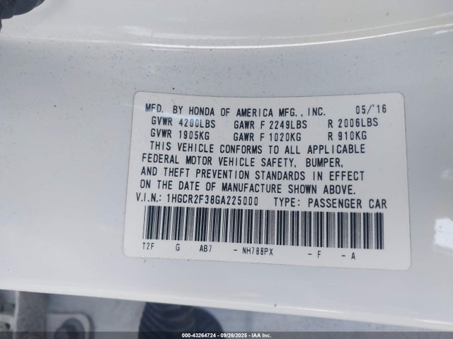 1HGCR2F38GA225000 Honda k24w1