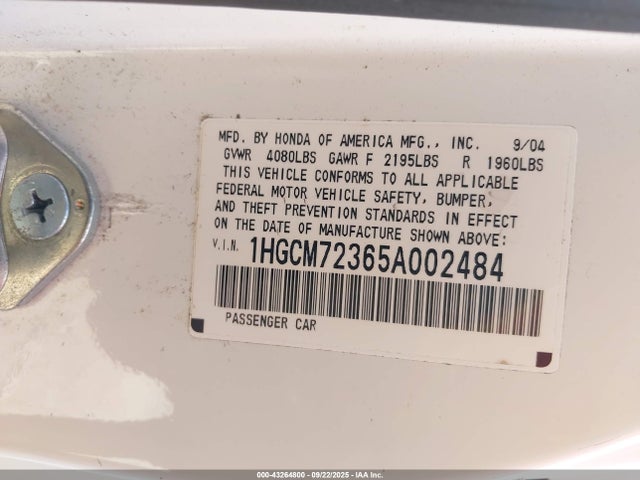 Продажа на аукционе авто 2005 Honda Accord 2.4 Lx, vin: 1HGCM72365A002484, номер лота: 43264800
