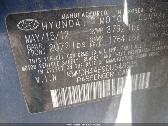 43264849 :رقم المزاد ، KMHDH4AE9DU548925 vin ، 2013 Hyundai Elantra Gls مزاد بيع