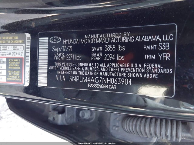 5NPLM4AG7NH063904 Hyundai mpi nu pe