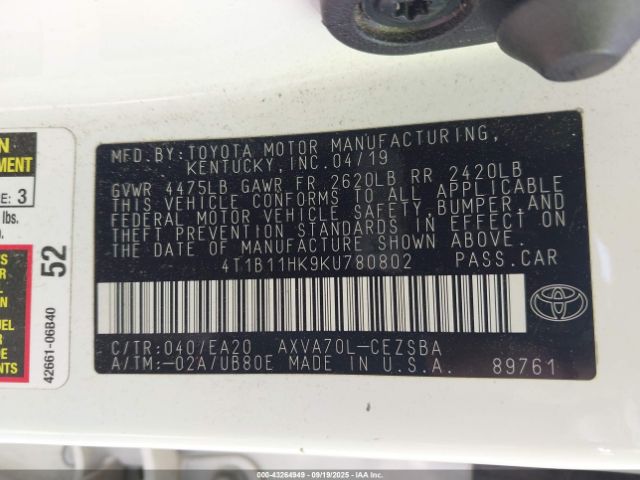 2019 TOYOTA CAMRY 4T1B11HK9KU780802 Photo 8