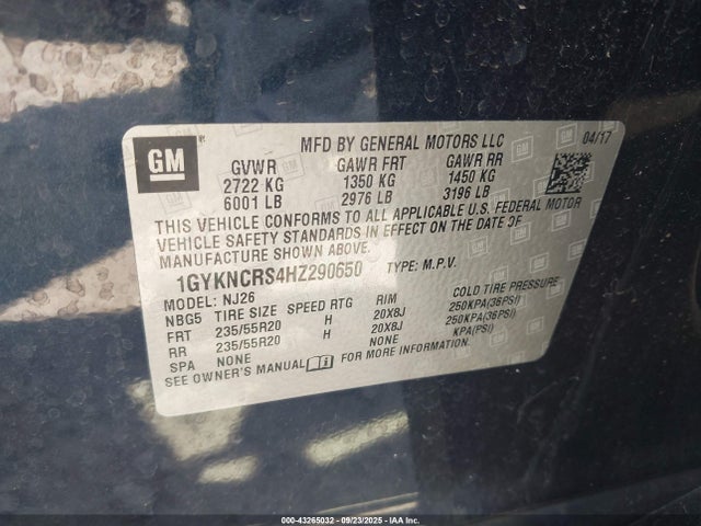 1GYKNCRS4HZ290650 Cadillac Xt5 Premium Luxury