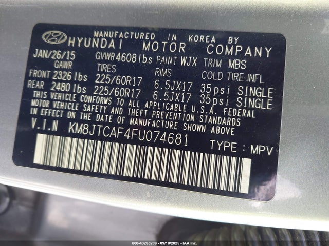 KM8JTCAF4FU074681 Hyundai dohc gdi nu