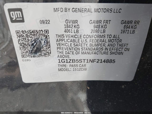 1G1ZB5ST1NF214885 Chevrolet lfv - direct injection, variable valve timing, gen 1 gmna