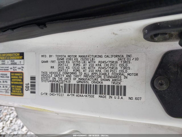 2010 Toyota Tacoma Prerunner V6 მანქანა იყიდება აუქციონზე, vin: 5TETU4GN5AZ727419, აუქციონის ნომერი: 43265441