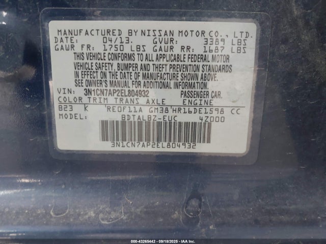 3N1CN7AP2EL804932 Nissan Versa 1.6 Sv