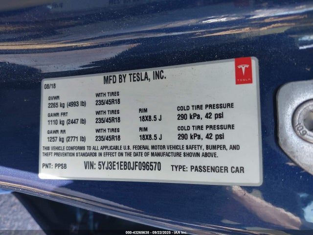 Продаж на аукціоні авто 2018 Tesla Model 3 Long Range/performance, vin: 5YJ3E1EB0JF096570, номер лоту: 43265638