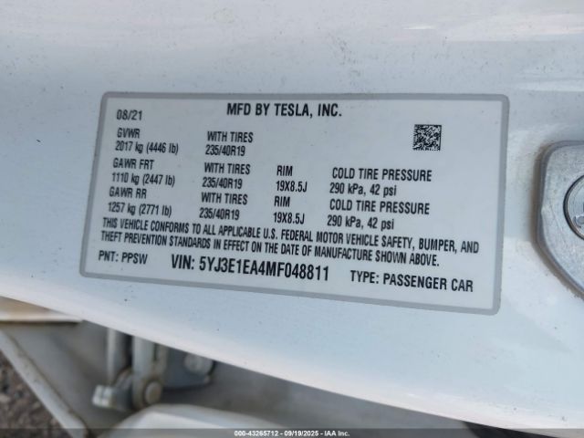 2021 TESLA MODEL 3 5YJ3E1EA4MF048811 Photo 8