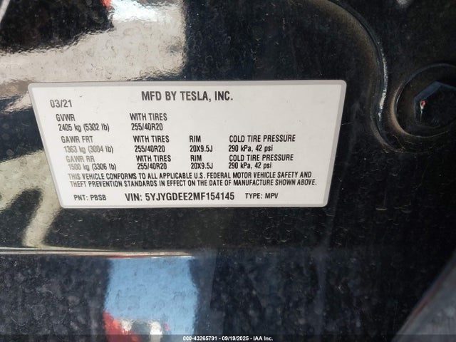 2021 TESLA MODEL Y 5YJYGDEE2MF154145 Photo 8