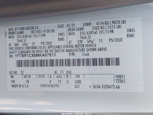 Ford 3.5l v6 cyclone 2021 1FTBR1C88MKA07813 Image 9