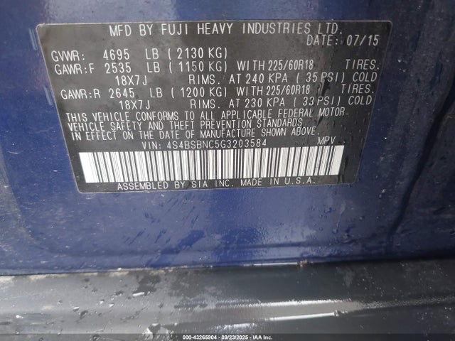 4S4BSBNC5G3203584 Subaru 2.5l u6