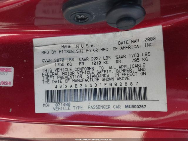 2001 MITSUBISHI ECLIPSE SPYDER 4A3AE35G31E002887 Photo 8