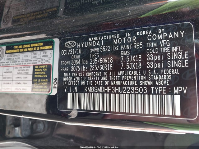 KM8SMDHF3HU223503 Hyundai gdi lambda ii