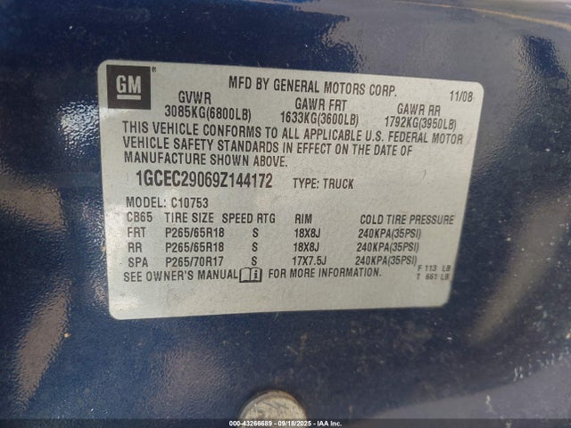 2009 Chevrolet Silverado 1500 Lt მანქანა იყიდება აუქციონზე, vin: 1GCEC29069Z144172, აუქციონის ნომერი: 43266689