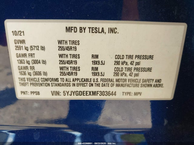 2021 TESLA MODEL Y 5YJYGDEEXMF303644 Photo 8