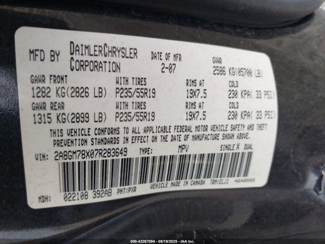 2007 CHRYSLER PACIFICA 2A8GM78X07R283649 Photo 8