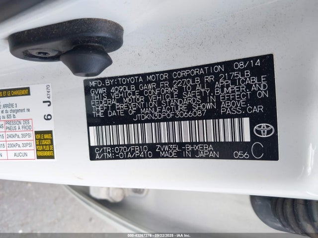 Toyota 2zr-fxe+3jm 2015 JTDKN3DP0F3066087 Image 9
