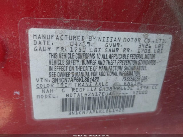 3N1CN7AP6KL861422 Nissan 2019