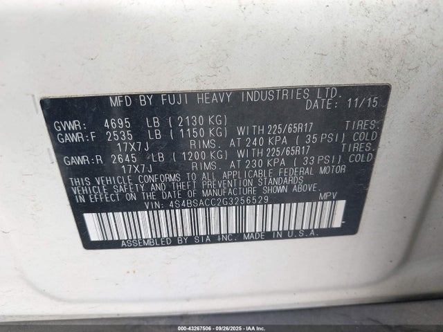 4S4BSACC2G3256529 Subaru 2.5l u5