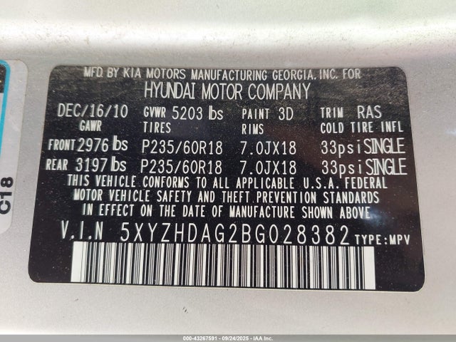 43267591 :رقم المزاد ، 5XYZHDAG2BG028382 vin ، 2011 Hyundai Santa Fe Se مزاد بيع